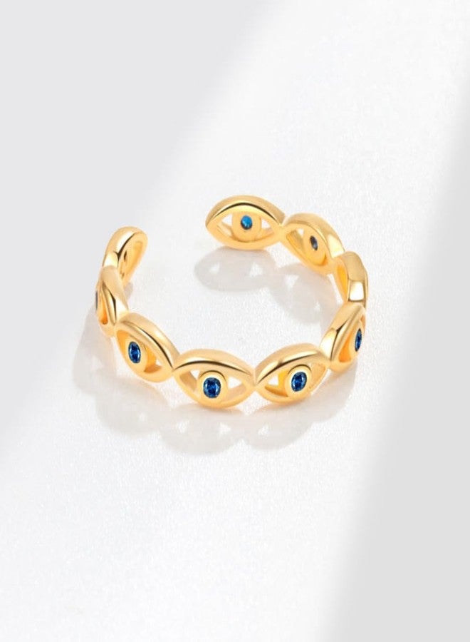 BlingNook Evil Eye Ring For Women, Cubic Zirconia Gold Stainless Steel Ring Green White Eyes Boho Adjustable Trendy Gold Plated Open Birthday Stackable Jewelry Gift (Gold Blue) - Image 4
